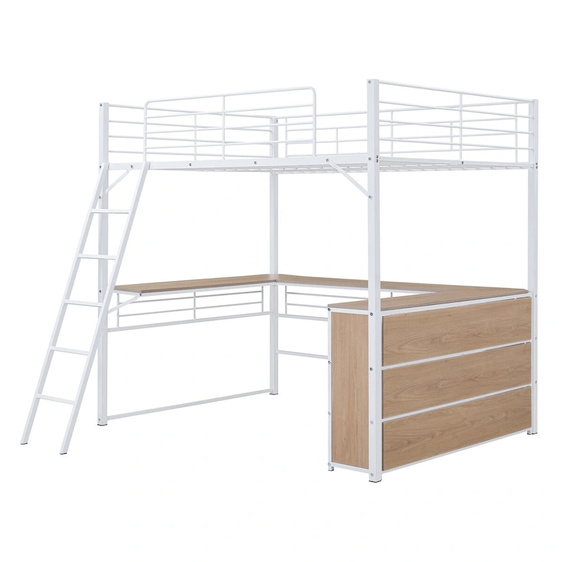 Metal Loft Bed with L-shaped Desk and 3 Layers of Shelves, Reversible Ladder
