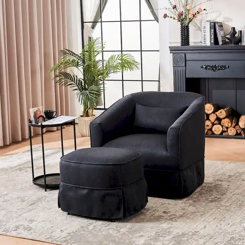 Swivel Barrel Chair With Ottoman, Swivel Accent Chairs Armchair, Reading Chairs, Round Barrel Chairs with Black Metal Base