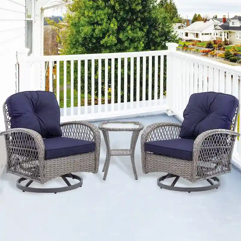 3 Pieces Rattan Outdoor Swivel Rocker Patio Chairs With Glass Coffee Table