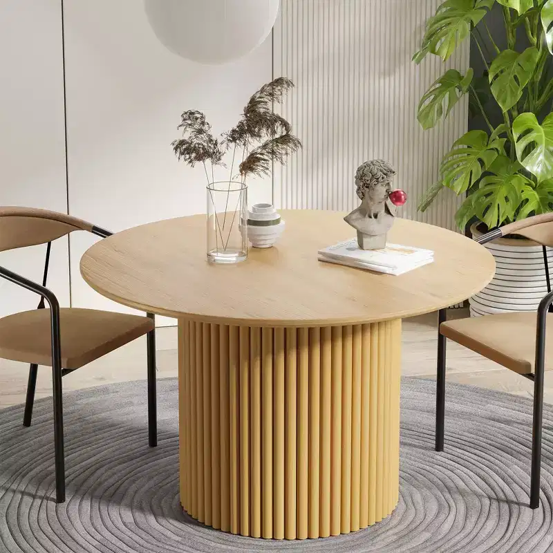 46 inch Wood Round Dining Table Circle Kitchen Table with Wood Strip Base Modern Farmhouse Dinner Tables for Kitchen Living Room Natural