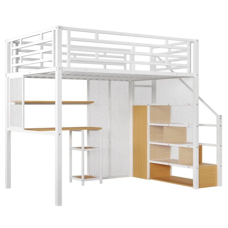 Full Metal Loft Bed with Wardrobe, Desk & Storage Shelves