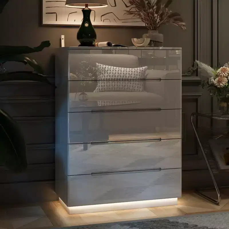 Hitow High Gloss 5 Drawer Dresser with Underlight Concealed Handle Chest of Drawers