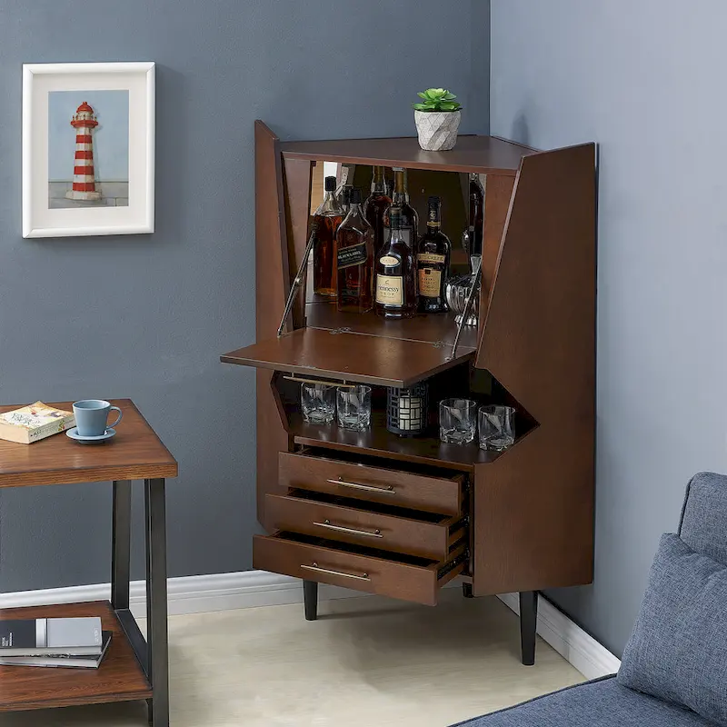 Dark Tobacco Geometric Corner Bar Cabinet