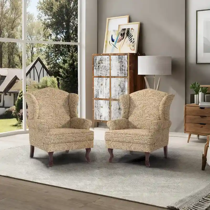 2 Set Traditional Wingback Accent Chairs Upholstered Armchair