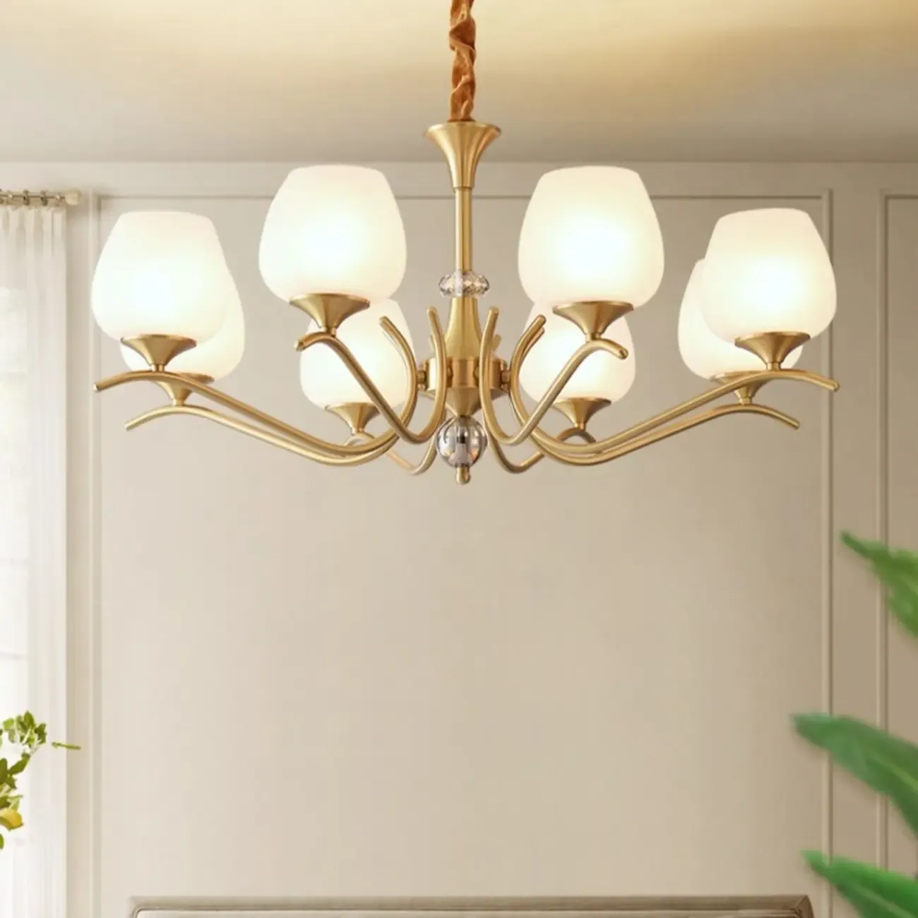 Mid-Century Modern White Glass Elegant Gold Chandelier
