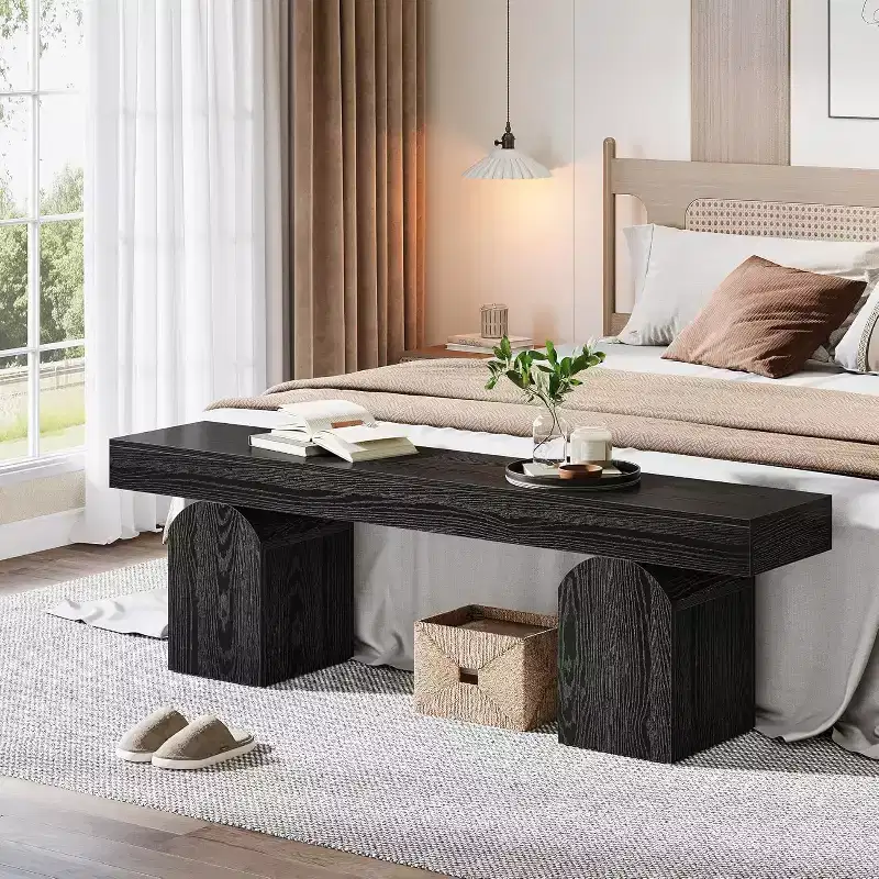 59-Inch Modern Bed Bench, Upholstered Black Bench for End of Bed, Bedroom, Living Room, Entryway