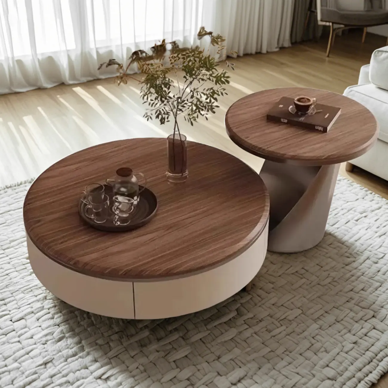 Brown 2 Drawers Elegant Round Wood Coffee Table