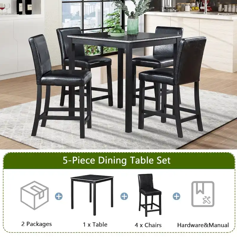 5 Pcs Counter Height Dining Table Set, Wooden Diningroom Furniture Set with Square Table and 4 Upholstered Chairs
