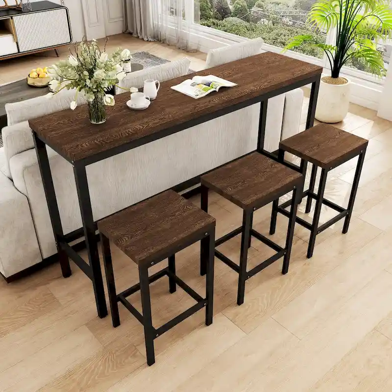 Modern Design Kitchen Dining Table, Pub Table, Long Dining Table Set with 3 Stools, Easy Assembly