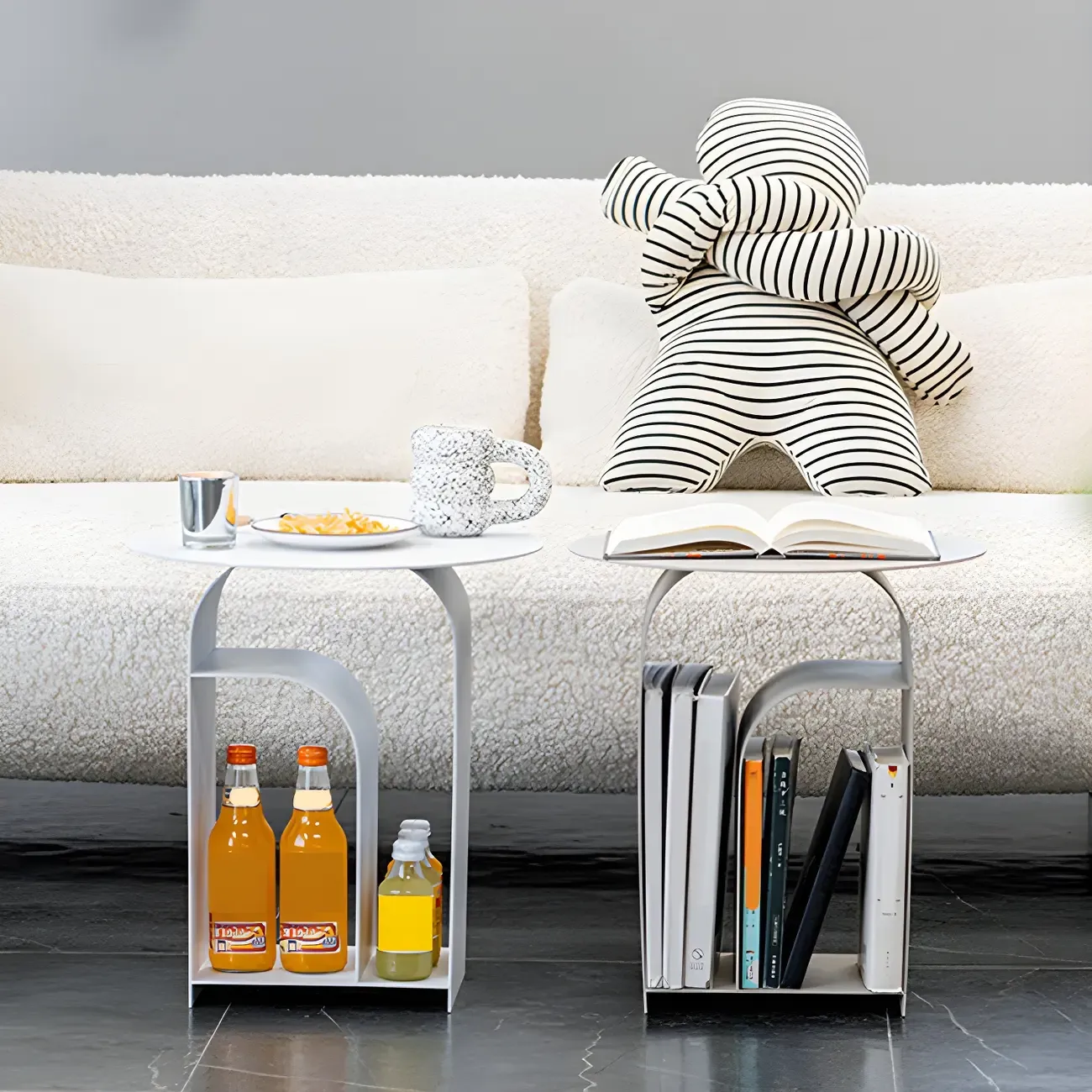 Industrial Narrow White Metal Bedside Table with Round Top