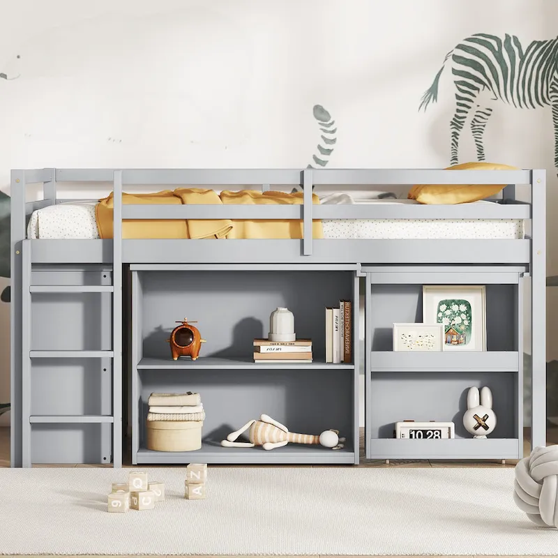 Twin Loft Bed with Pull-Out Desk, 3-Drawer Cabinet & Shelves