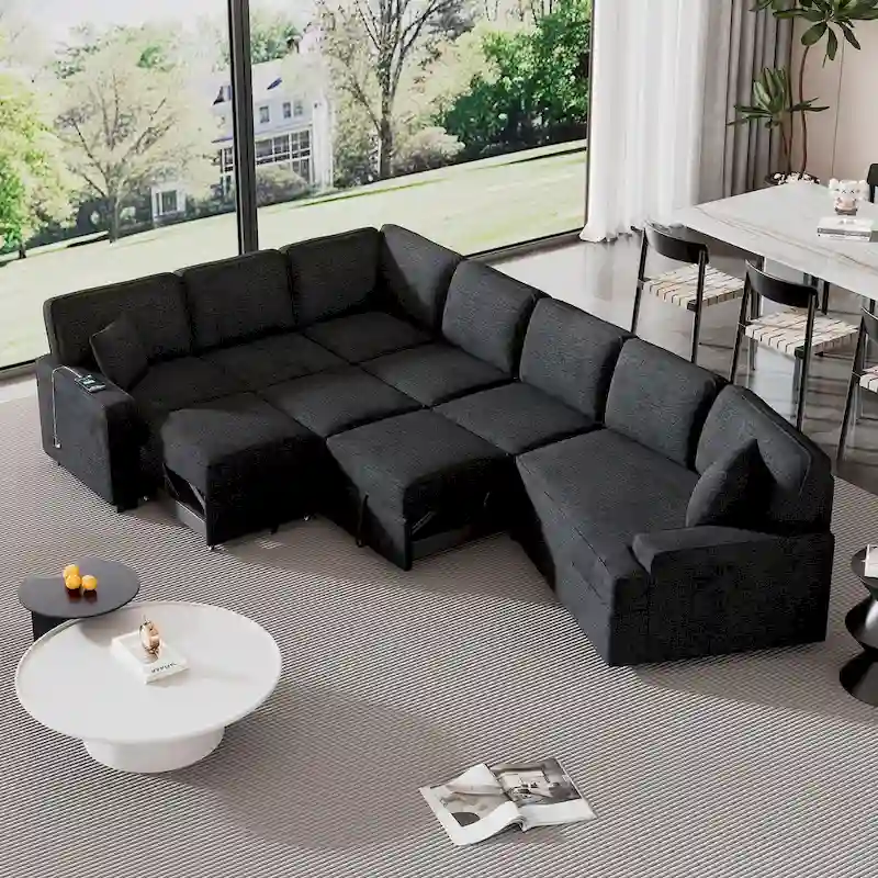Black 126 L-Shaped 6-Seater Sofa with Pull-Out Bed and Cup Holders