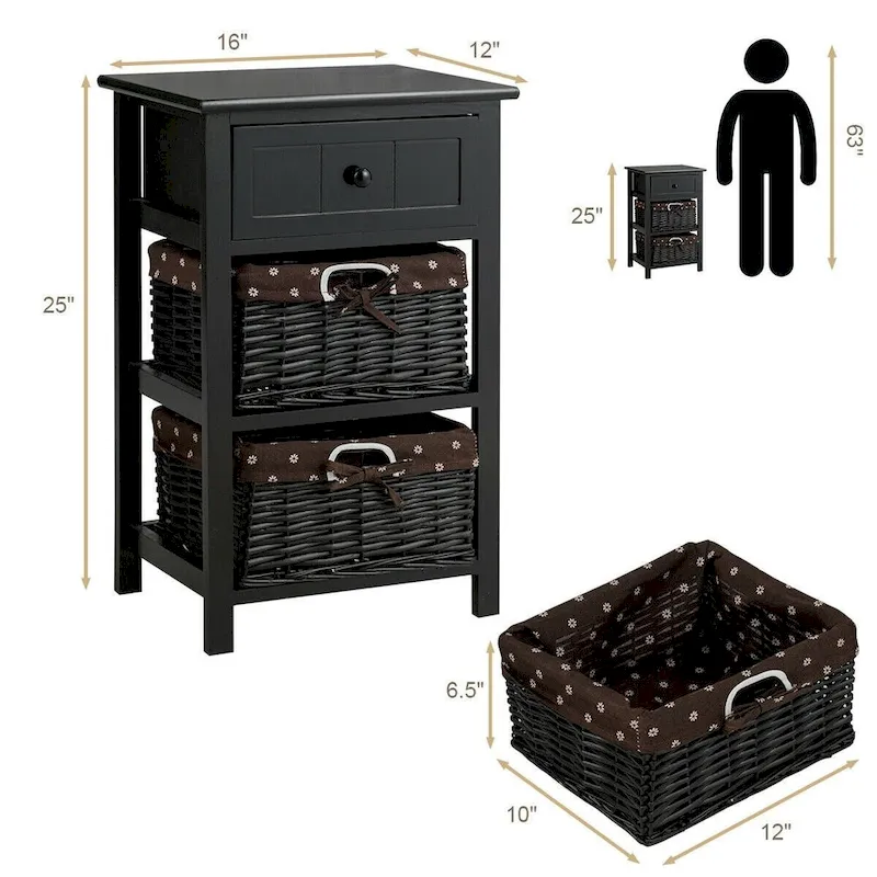 3 Layer Set of 2 Wooden Bedside End Table with 2 Wicker Baskets and 1 Drawer - 16 x 12 x 25(L x W x H)