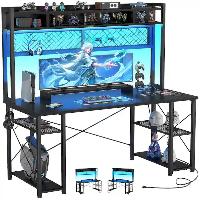 Gaming Deck with Charge Station and LED Light, Computer Table with Hutch and Shelves