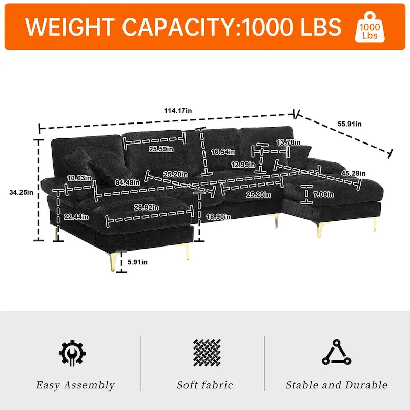 HOMEFUN Chenille Upholstered U-Shaped Living Room Sectional Sofa