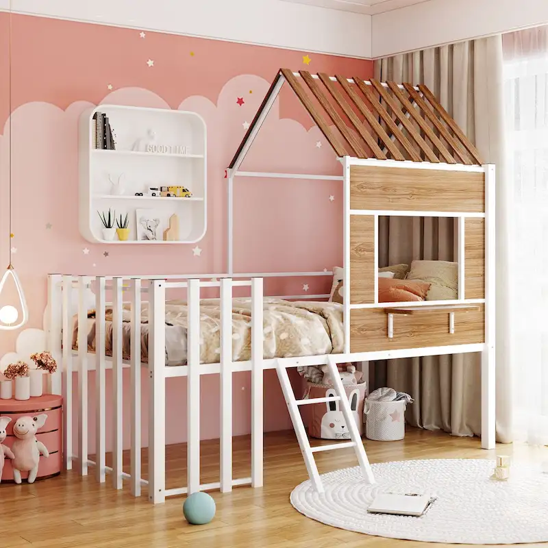 White Twin Size Metal Loft Bed with Roof, Window, Guardrail, and Ladder