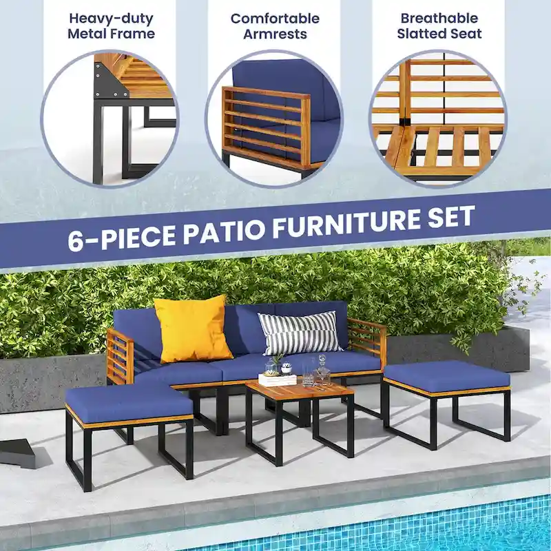 Costway 6pcs Patio Acacia Wood Conversation Sofa Seat Set Ottomans - See Details