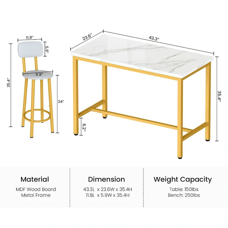 Mieres Modern Style 5 Pieces Dining Table Set, Faux Marble Top Bar Table with 4 Upholstered Bar Stools
