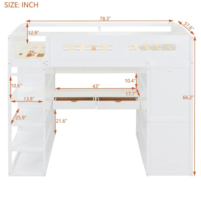 Merax Loft Bed with Desk, Wardrobes, 4 Drawers and 4 Shelves