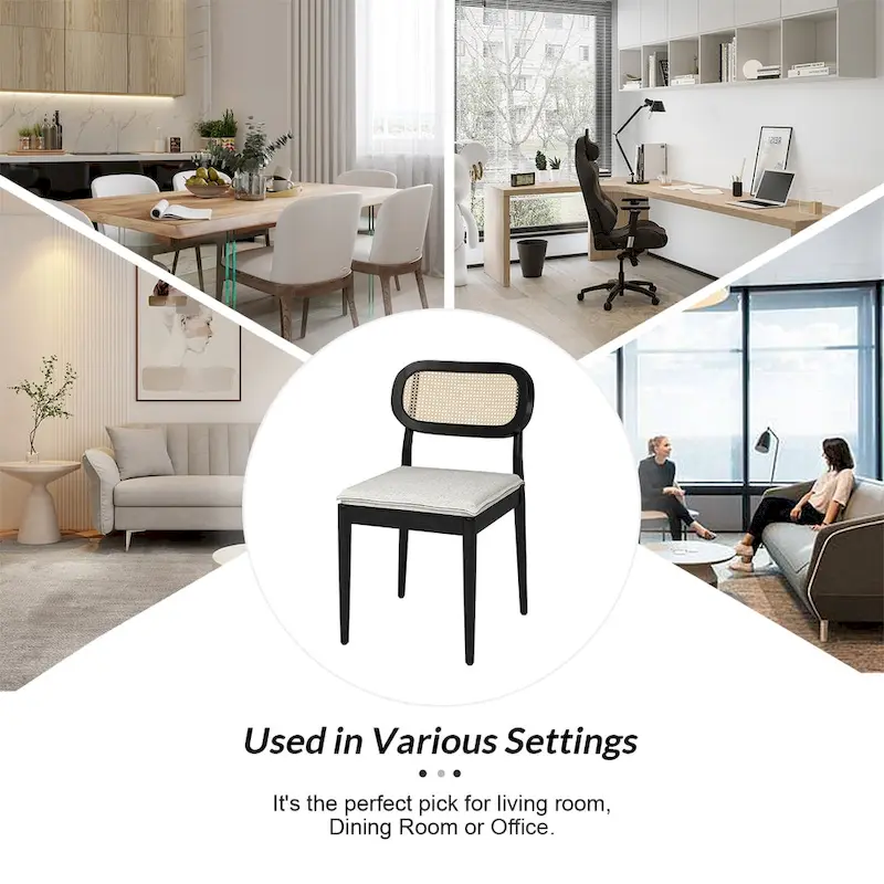 Modern Solid Wood Dining Chair with Ratten Back and Removable Cushion Set of 2 by