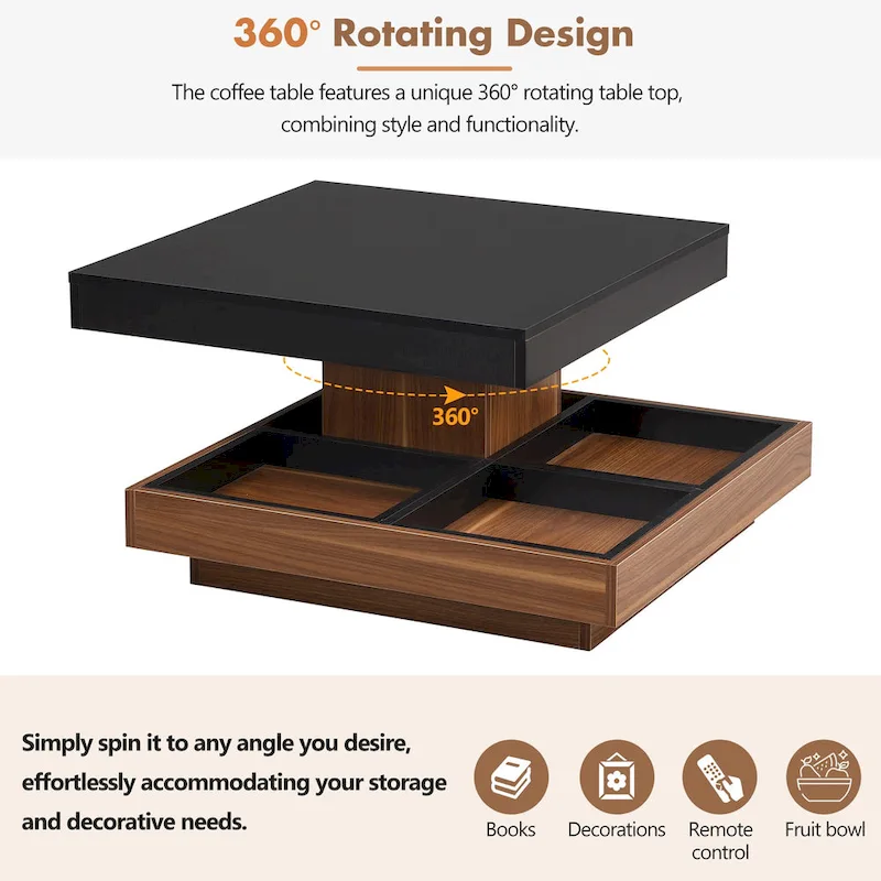 Modern 2-Tier Square 360Rotating Coffee Table with 3 Detachable Tray