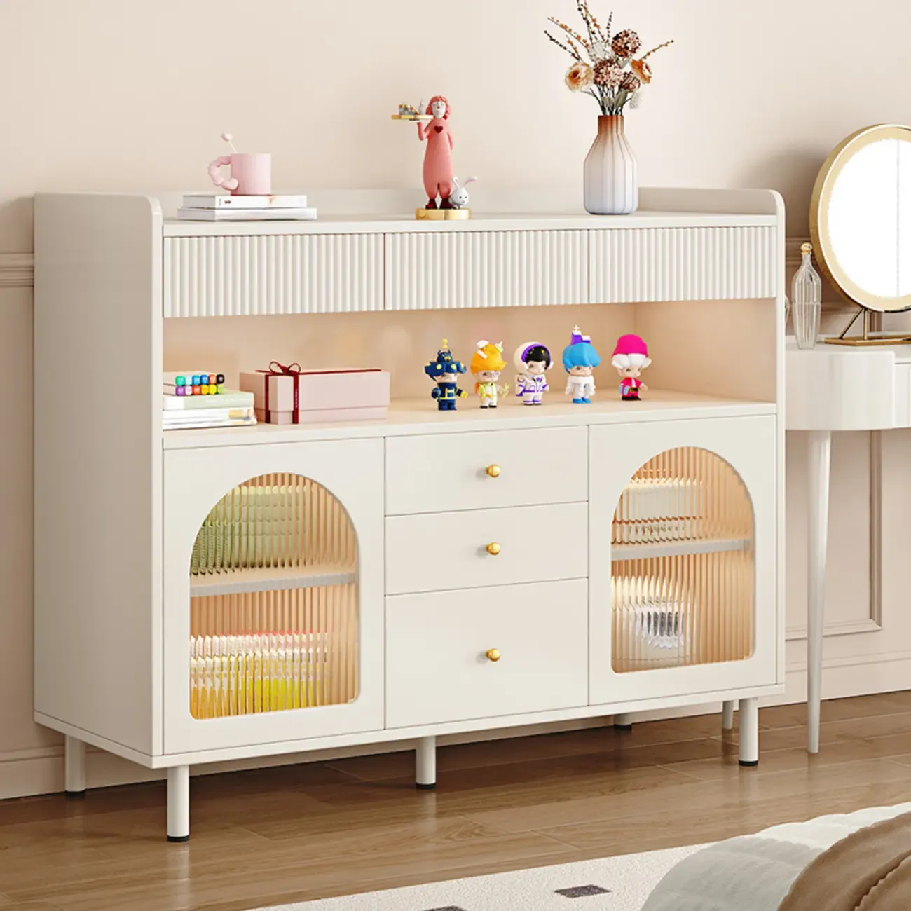Modern White Accent Cabinet with Drawers & Glass Doors