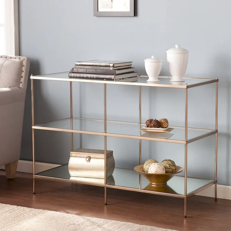 SEI Furniture Grant Modern Metal Console Table with Glass Top and Shelves