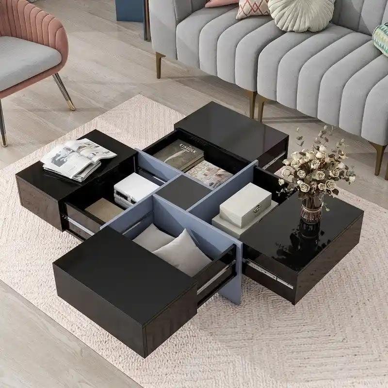 Unique Design Coffee Table with 4 Hidden Storage Compartments, Square Cocktail Table with Extendable Sliding Tabletop
