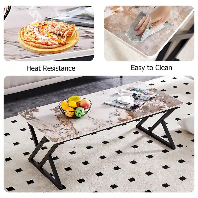 47 Modern Rectangular Coffee Table with Sintered Stone Tabletop and X-shaped Metal Legs