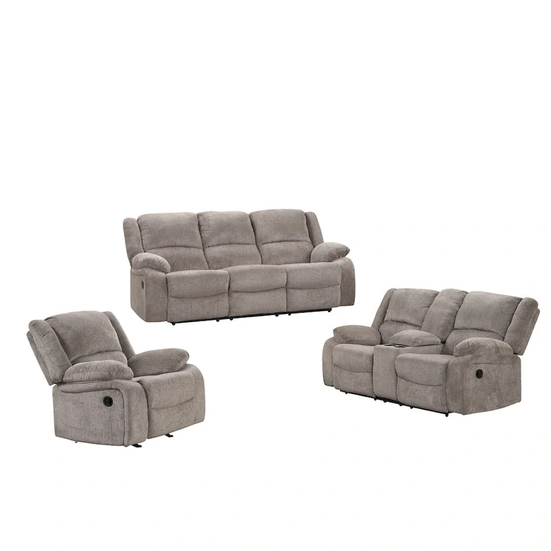 3-Piece Mocha Chenille Manual Reclining Sofa Set