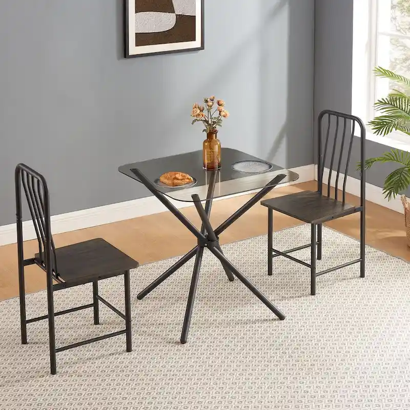 Dining Set for 2 Square Glass Tempered Dining Table and 2 Metal Chair - Chair:13.9 L * 15.3 W * 35.6 H