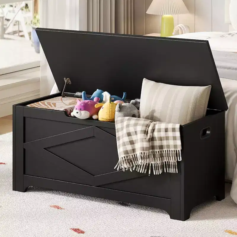 39.4 Storage Chest, Wooden Storage Bench with Safety Hinges, Easy Assembly, Large Toy Chest for Entryway, Living Room, Bedroom