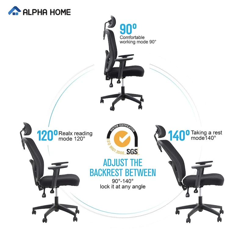 ALPHA HOME High Back Mesh Office Chair Adjustable Headrest, Armrest, Rolling Swivel Reclining Chair