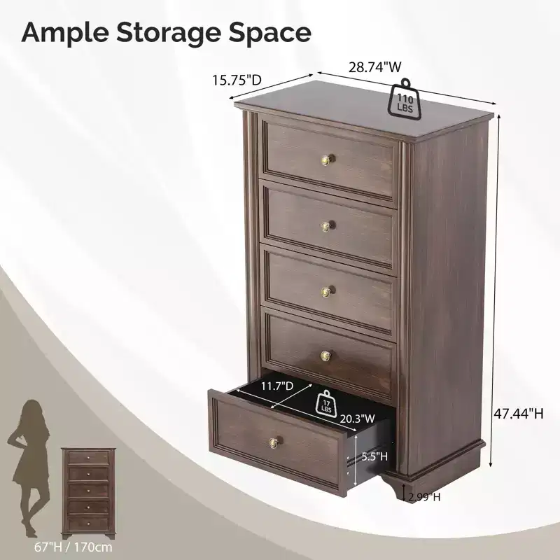 Karl Home 5-Drawer Brown MDF (Medium-Density Fiberboard) 28.74in. W Chest of Drawer