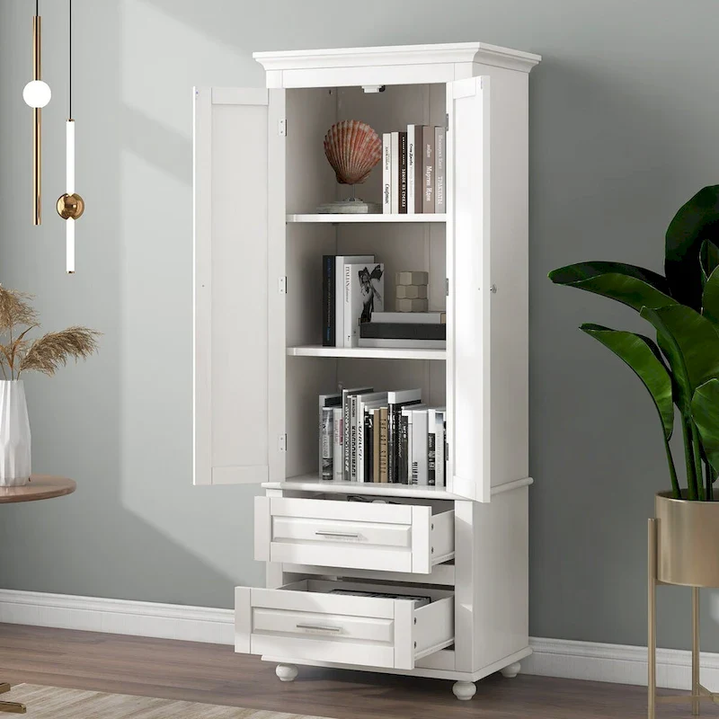 White Tall Kitchen Storage Cabinet with Two Drawers for Bathroom,Office