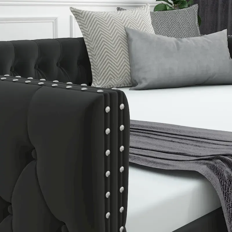 Daybed with Trundle Velvet Upholstered Tufted Sofa Bed, with Button and Copper Nail onSquare Arms,Full Daybed & Twin Trundle