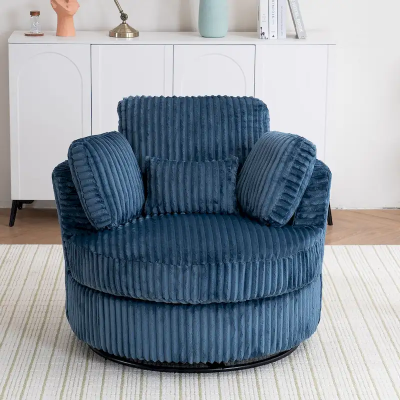 Oversized 360 Degreed Swivel Accent Chair Modern Soft Plush Corduroy Round Barrel Chair for Living Room Bedroom with Pillows