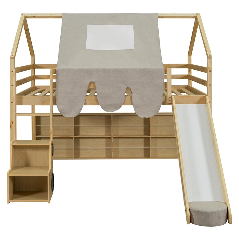 Full Loft Bed with Play Tent, House Design, Slide & Ladder