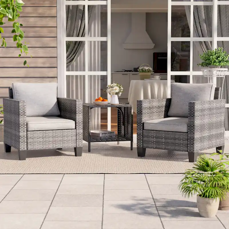 BONOSUKI 3-Piece Patio Sofa Set Grey Rattan with Side Table