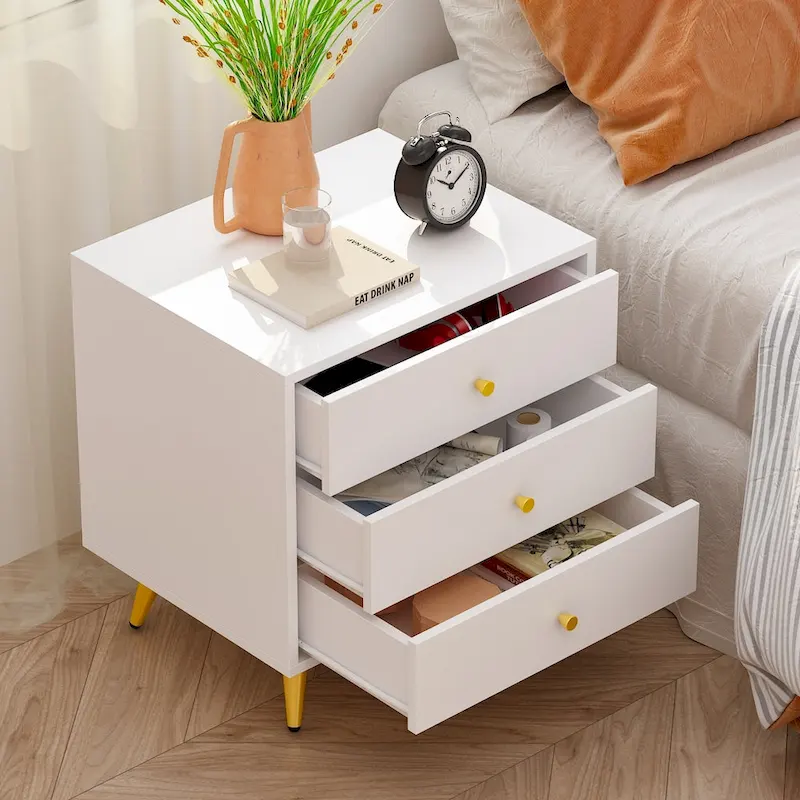 White Nightstands Bedside Table End Table Gold Metal Legs1 Pcs