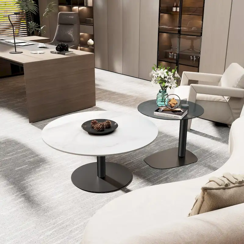 Set of 2 Modern Stacking Round Coffee Table Side Table Set with Slate Glass Top