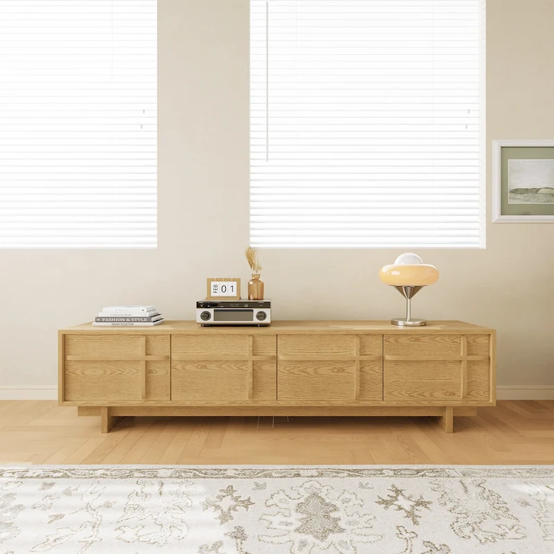 78.74  Modern TV Stands,Natural Wood Texture,Media Console With 4 Cabinets, Solid Wood Veneer,Fully Assembled - 78.87