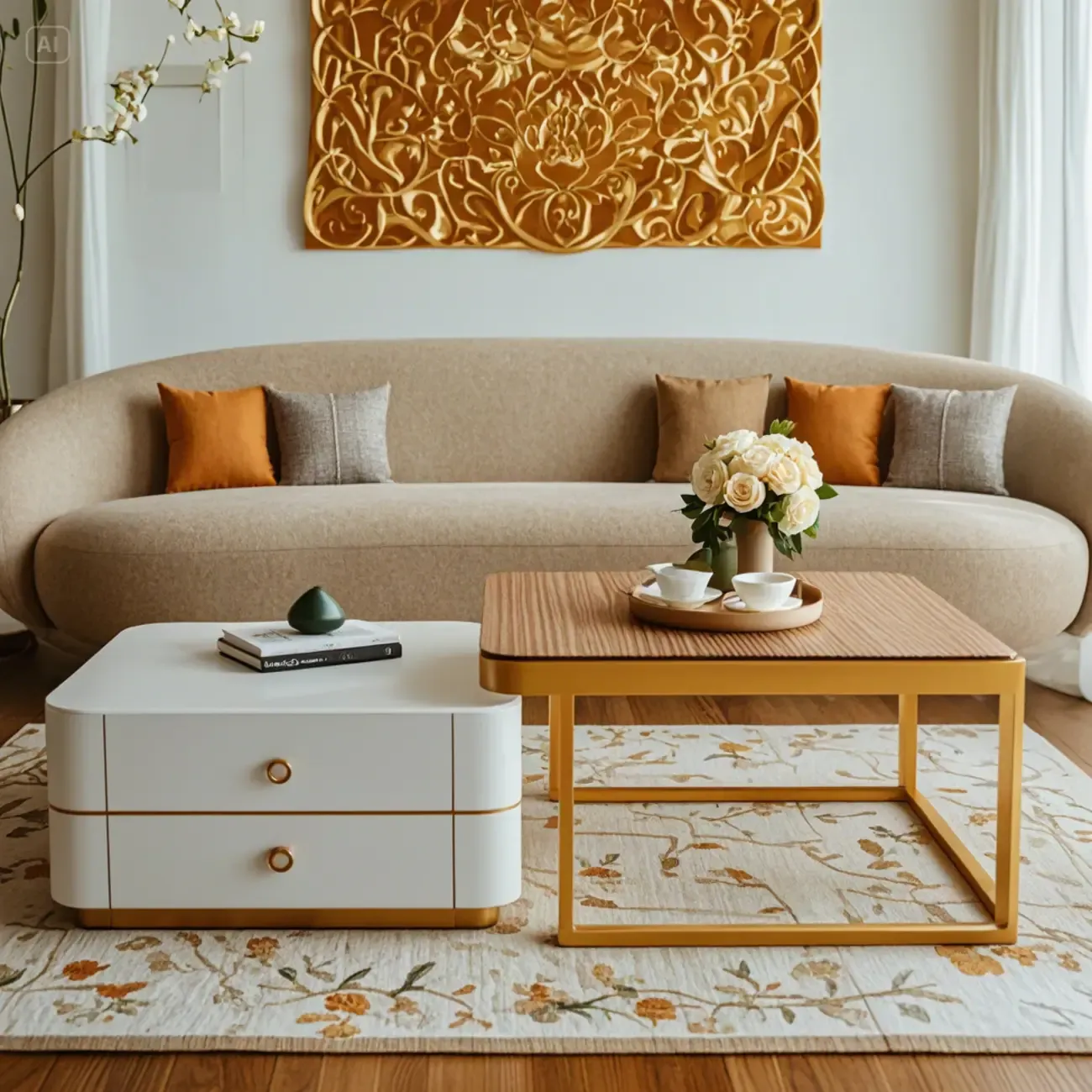 Modern Rectangular Marble Coffee Table Set with Drawers