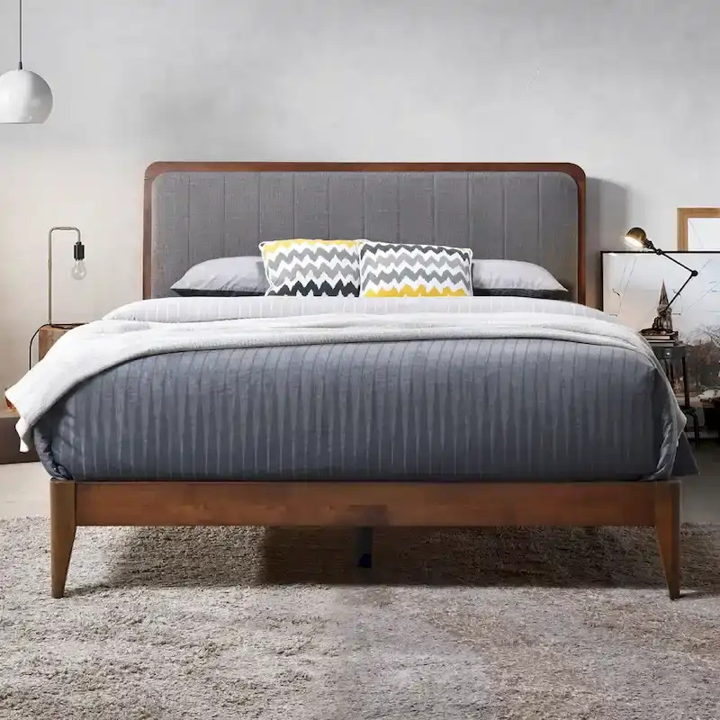 Queen Platform Bed Frame, Grey Upholstered Headboard, Walnut Wood, Seats 2