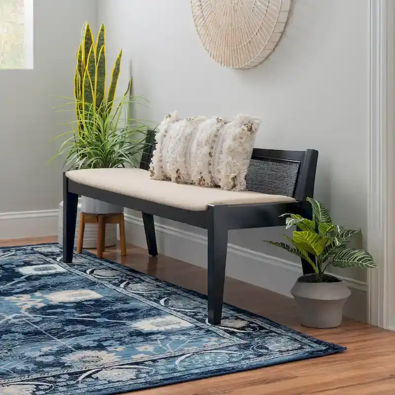Solid Wood Cane Bench with Cushioned Seat