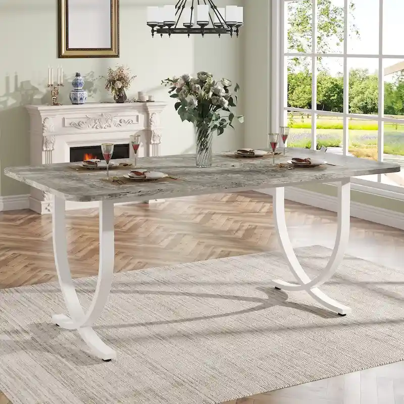 Rectangular Dining Table for 4 to 6, 63 Inch Kitchen Table with Faux Marble Finish