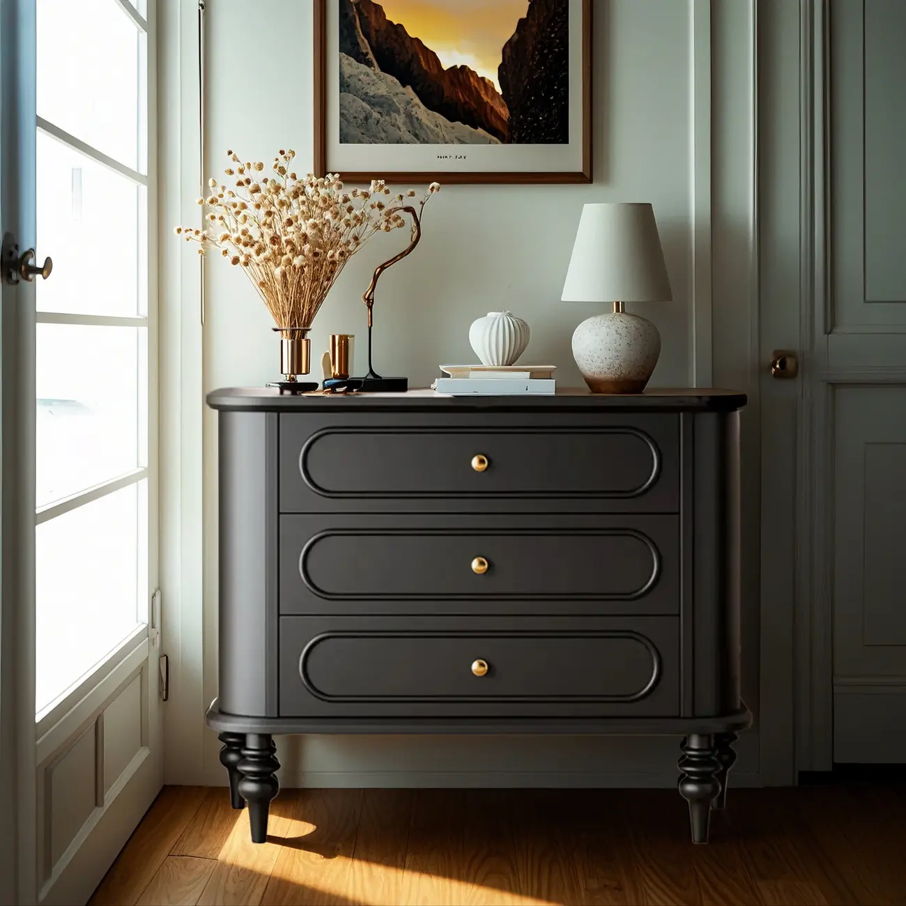 Vintage Wooden Dresser with 3-round Drawers for Restroom