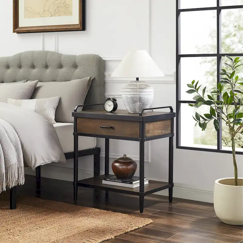 Mid-Century Side Table - Wood & Metal, 1 Drawer + Shelf, Minimalist Design, 35 lbs Capacity