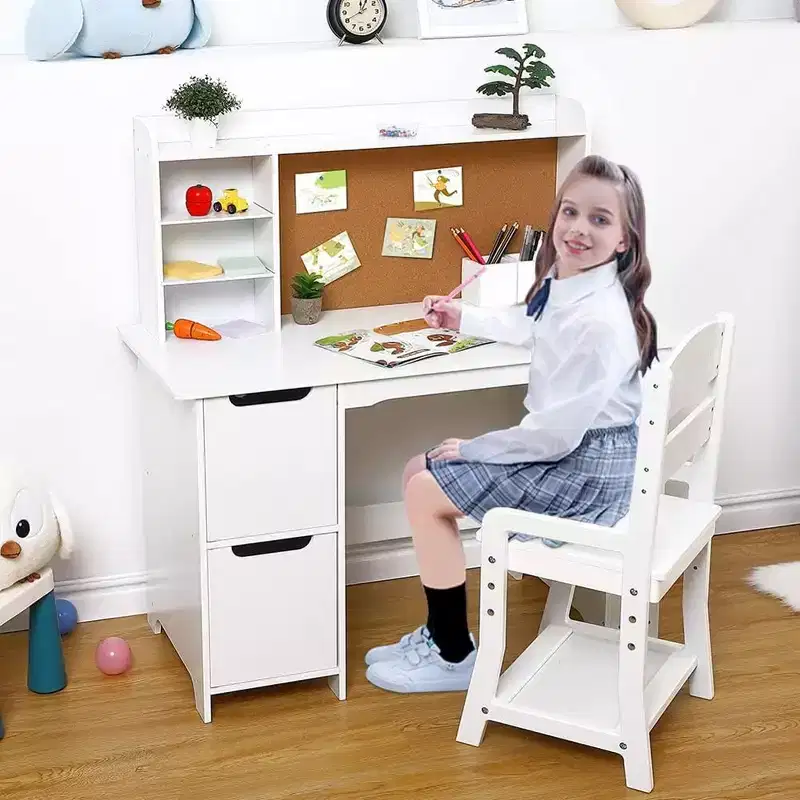 Kids Wooden Study Desk Learn Table Chair Set with Bookshelf, Bulletin Board, and Cabinets,White