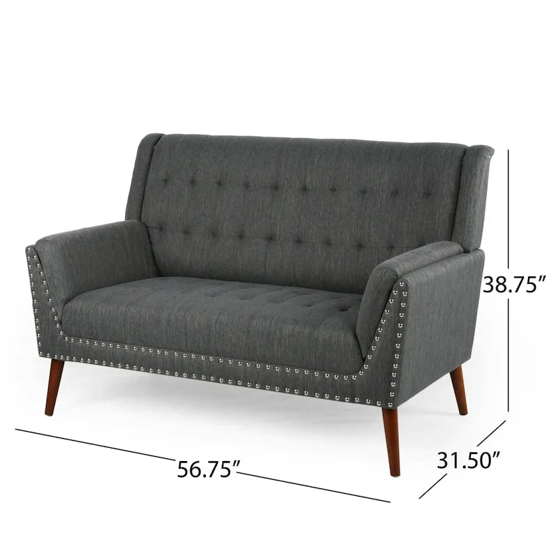 Mid-Century Modern Fabric Settee with Nailhead Trim